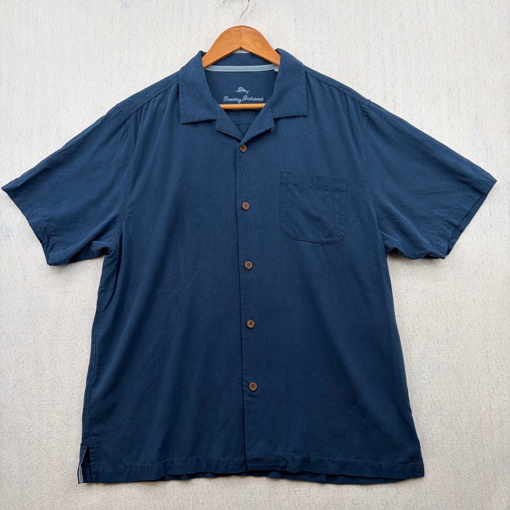 Tommy Bahama Mens Large Blue Silk Jacquard Tropical Leaf Short Sleeve Camp Shirt